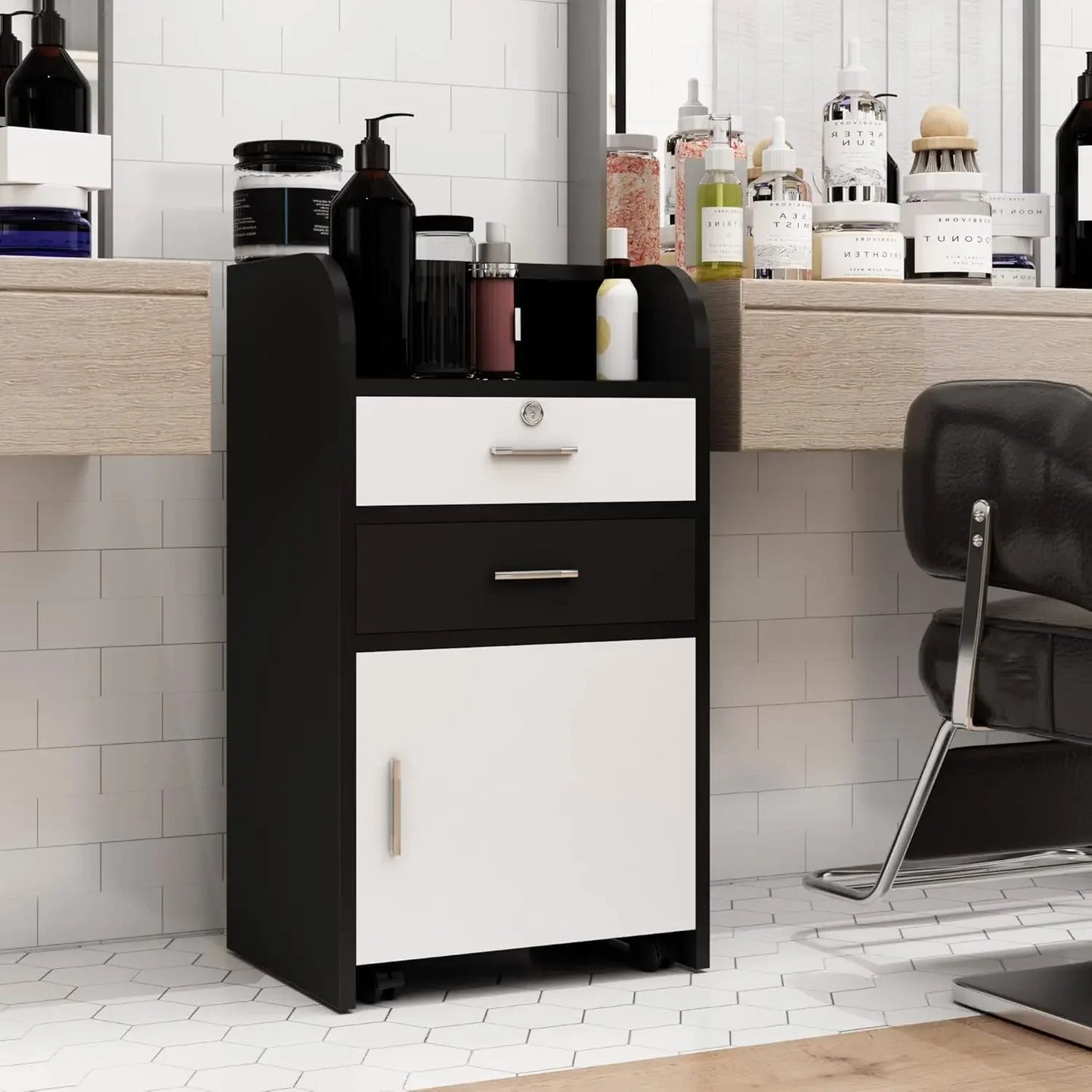 Beauty Salon/Barber Storage Cabinet Station with Locking Drawer and 4 Wheels, Hair Stylist Station with 2 Hair Dryer Holders