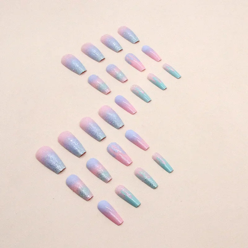 24Pc Set Pink Blue Gradient Long Ballet Press On Nails