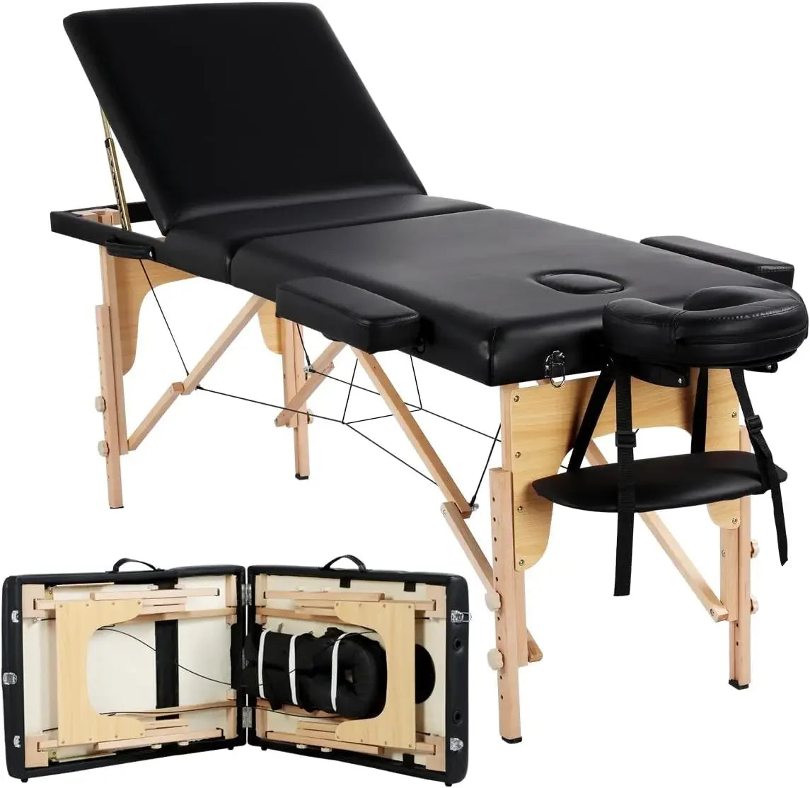 Artechworks Portable Massage Table - Adjustable Beauty Bed for Lash Extensions & Tattoos, Black PU Leather Spa Bed w/ Carry Case