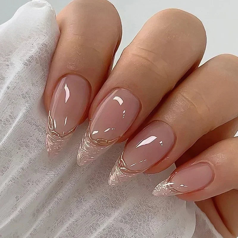 24 Pcs Almond Shape French False Nails with Glue Press On White Edge Design Simple Wearable Pink Stiletto Nail Tips