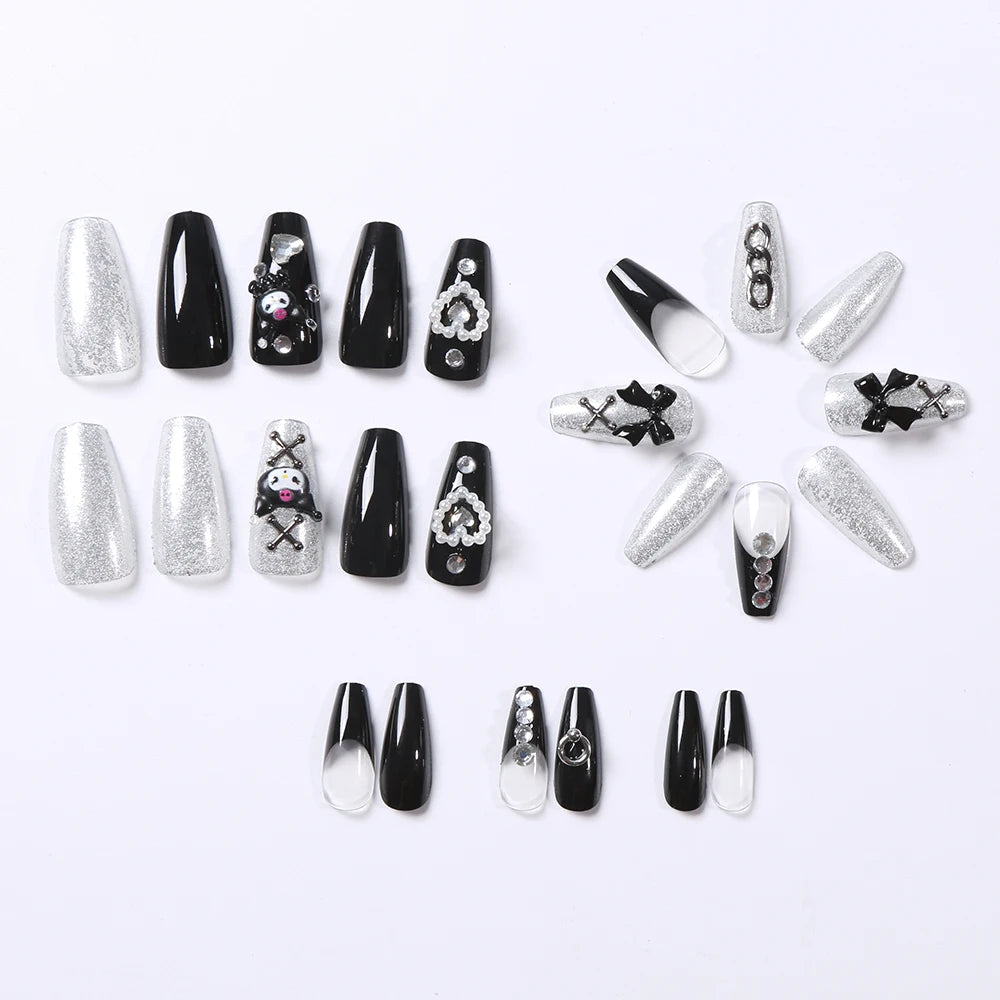 24 Pcs 3D Kuromi Press On Nails Y2K Cartoon Handmade Fake Nails Black Gel Wearable Nails Cinnamoroll Melody Anime False Nails