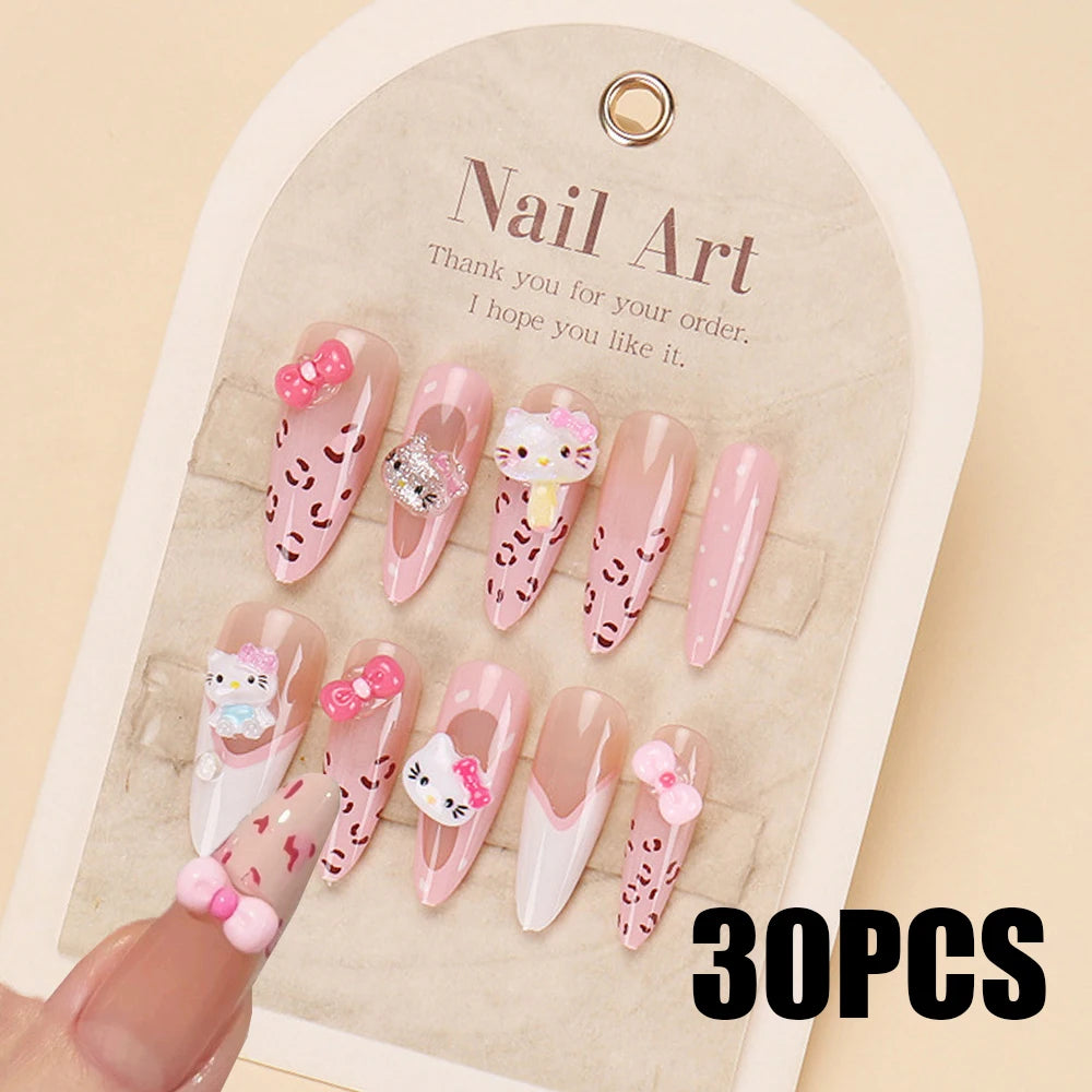 24 Pcs 3D Kuromi Press On Nails Y2K Cartoon Handmade Fake Nails Black Gel Wearable Nails Cinnamoroll Melody Anime False Nails