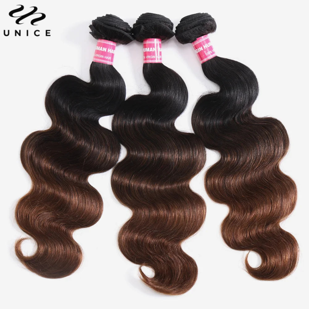 UNice Hair Dark Root Ombre Brown Body Wave Human Hair Bundles 3 to 4 Piece Deal Sew In Weaves 8 to 26 Inch