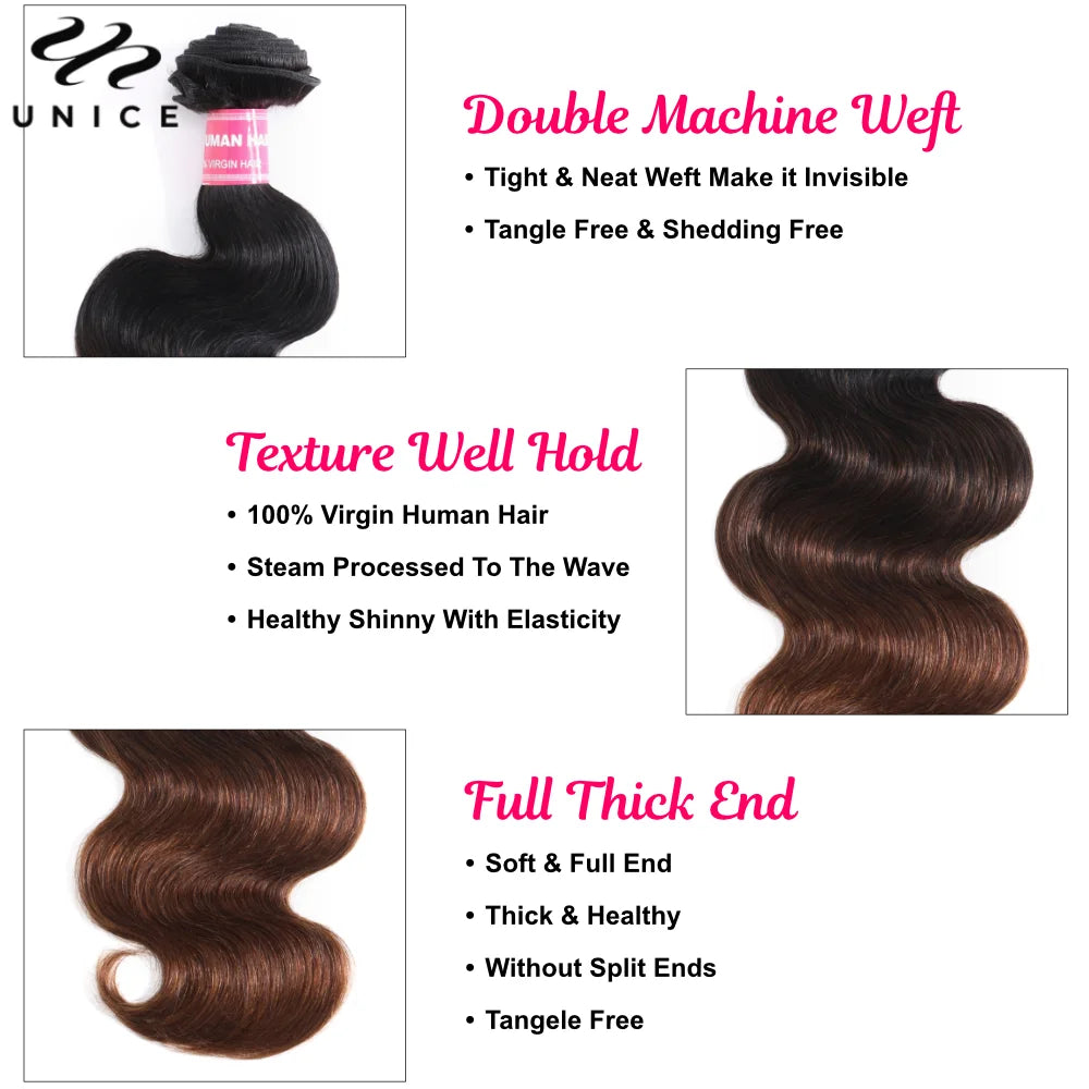 UNice Hair Dark Root Ombre Brown Body Wave Human Hair Bundles 3 to 4 Piece Deal Sew In Weaves 8 to 26 Inch