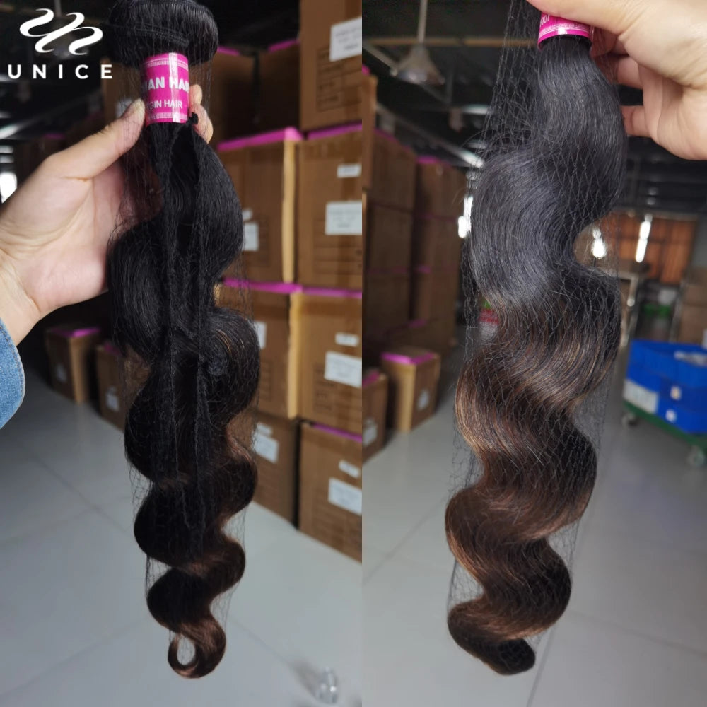 UNice Hair Dark Root Ombre Brown Body Wave Human Hair Bundles 3 to 4 Piece Deal Sew In Weaves 8 to 26 Inch