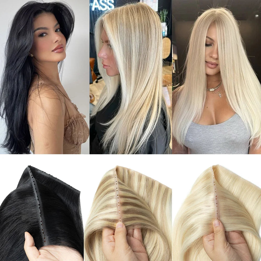 Blonde 613 Invisible Twin Tab Hole Weft Human Hair Extensions Straight Remy