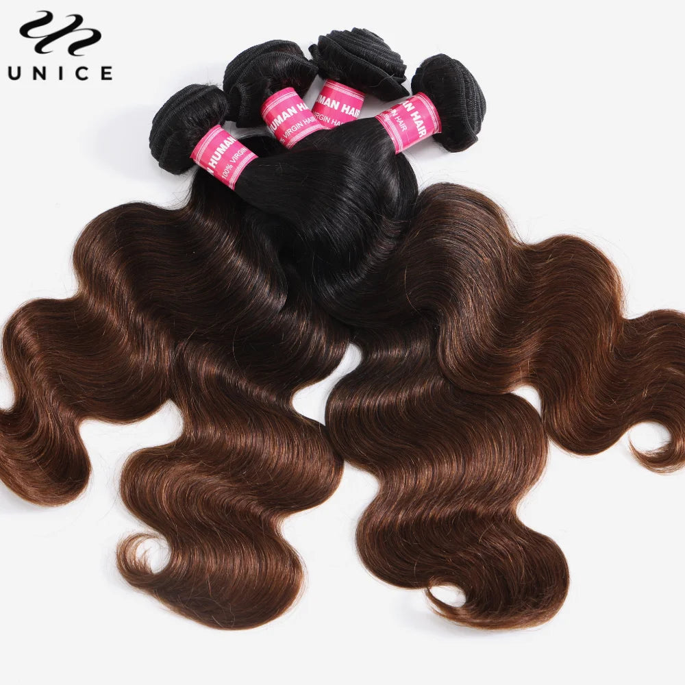 UNice Hair Dark Root Ombre Brown Body Wave Human Hair Bundles 3 to 4 Piece Deal Sew In Weaves 8 to 26 Inch