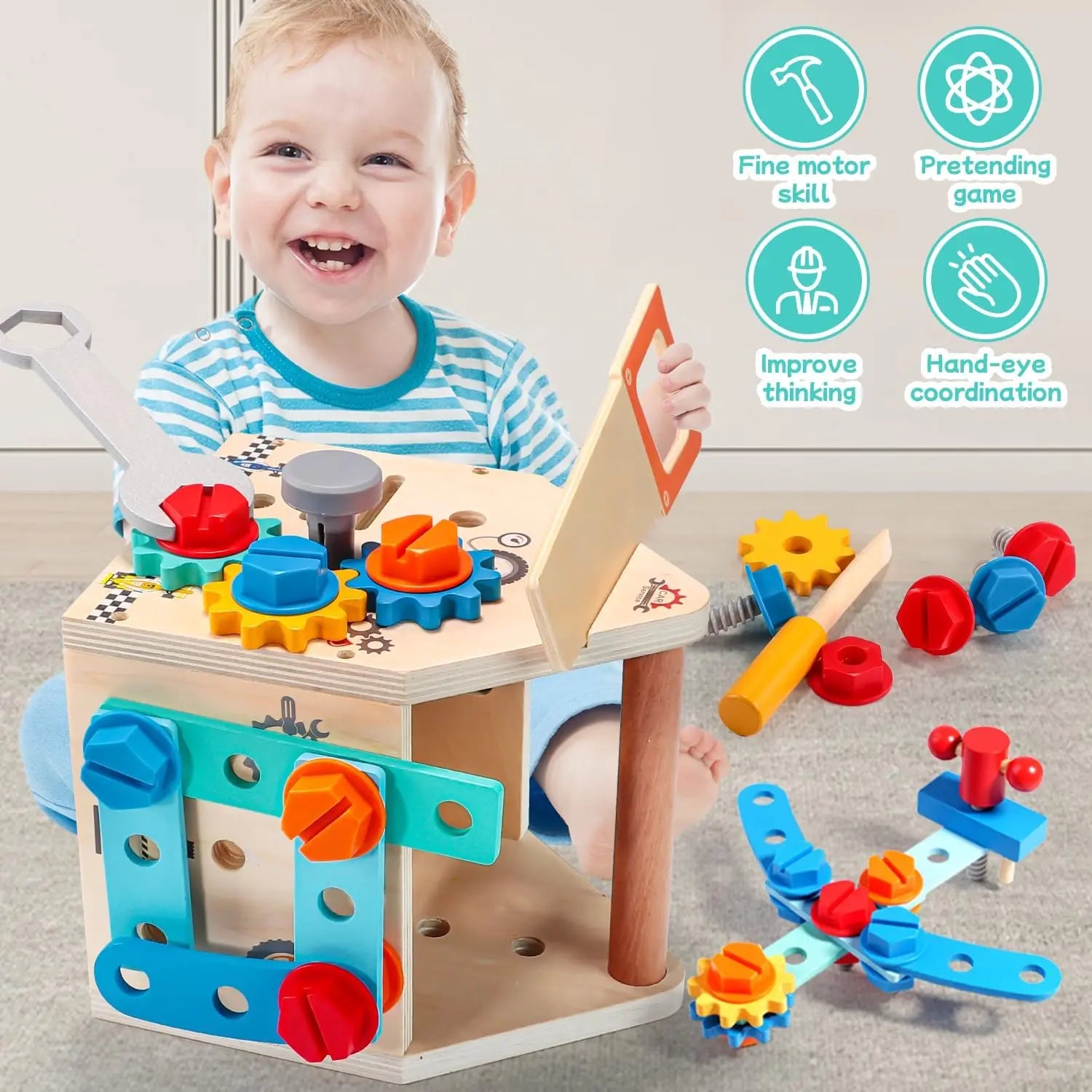 Children Wooden Toolbox Set Toys Montessori Screw Puzzle Pretend Play Gift