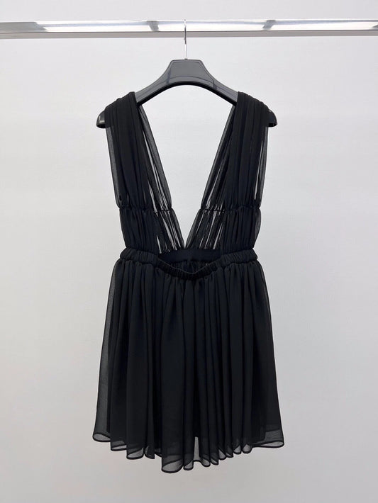 Silk Blended Chiffon Deep V Back Dress Elastic Belt Black