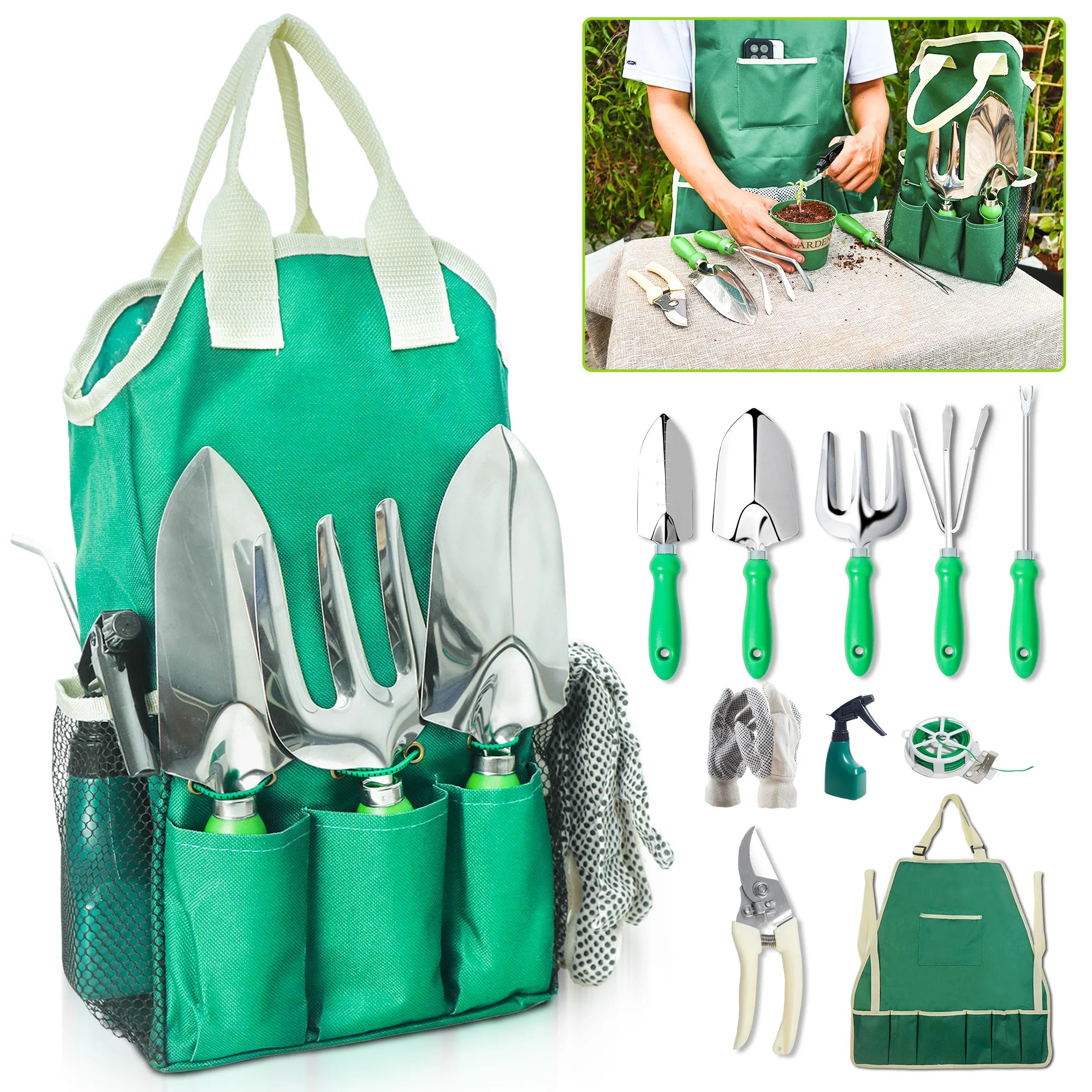 11 Pieces Garden Tool Set with Organizer Handbag Ideal for Digging Planting and Pruning
