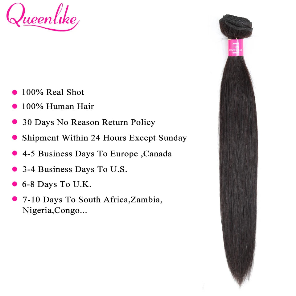 Queenlike Straight Human Hair Bundles With 2x6 Deep Middle Part HD Lace Closure Natural Color Brazilian 12A Raw Hair