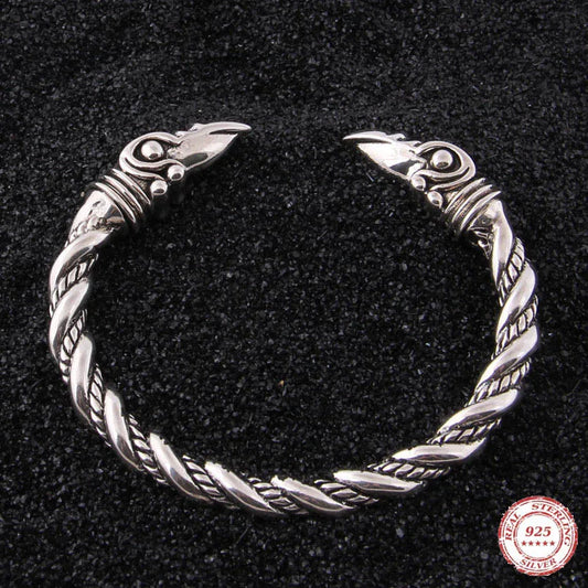 S925 Sterling Silver Norse Viking Rune Raven Bangle with Wood Box for Men and Women Gift
