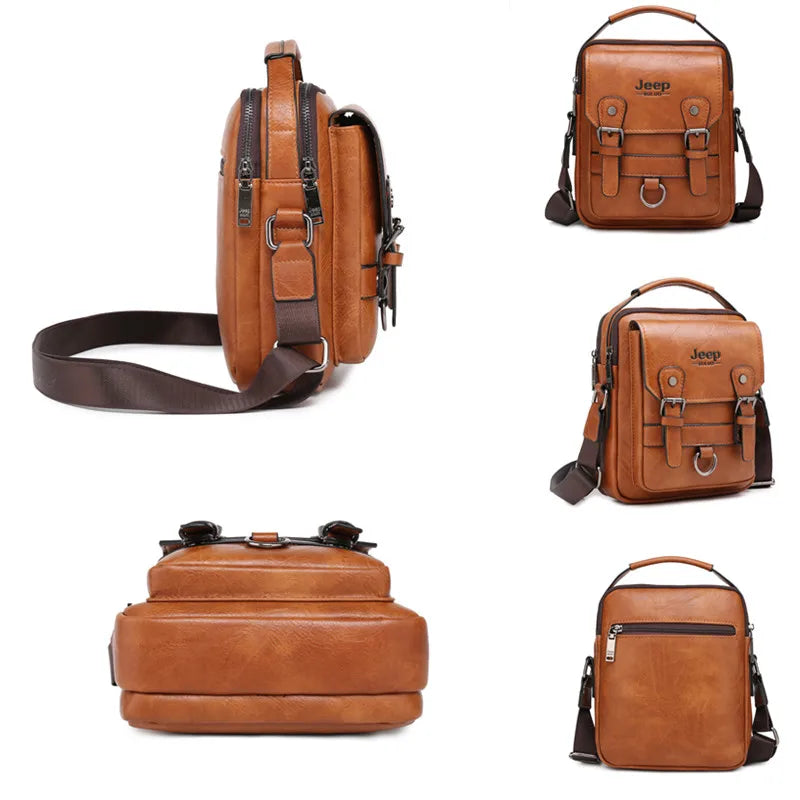 JEEP BULUO Multi-Function Business Handbags Men Large Capacity Leather Messenger Bag