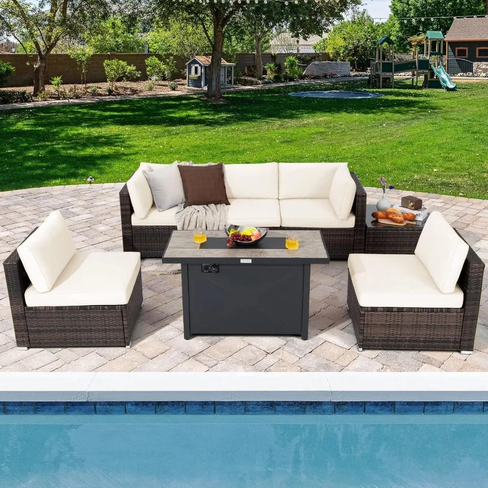 7 Piece Patio Set With Fire Pit Table 42 Inch 60,000 BTU Propane