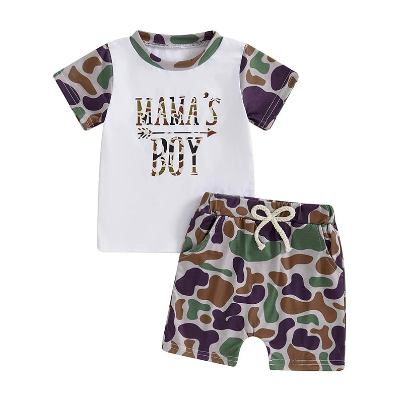 Toddler Boys Casual Outfits Camo Print Tee and Elastic Waist Shorts Set
