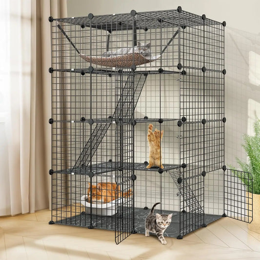 4-Tier Cat Cage Indoor Enclosure DIY Cat Playpen Metal Kennel with Extra Large Hammock, Catio Ideal for 1-3 Cats, Ferret