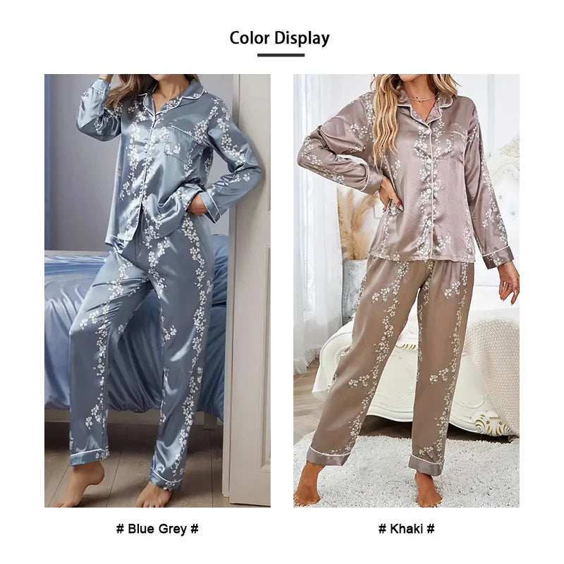 Women Satin Pajama Set Long Sleeve Button Up Nightwear Loungewear