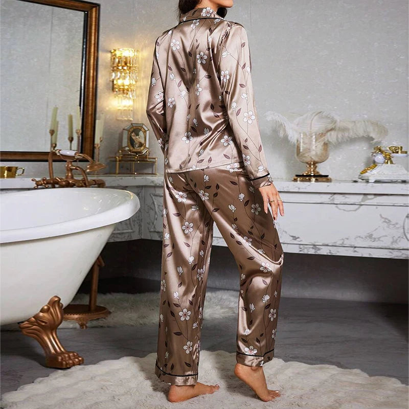 Womens Satin Color Block Floral Print Pajama Set With Long Sleeve And Pants