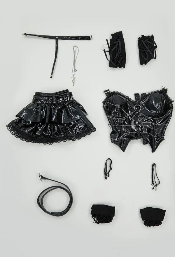 MEOWCOS Misa Gothic Black Lingerie Set Cami Top and Mini Skirt with Sleeves and Necklace Cosplay Costume for Halloween