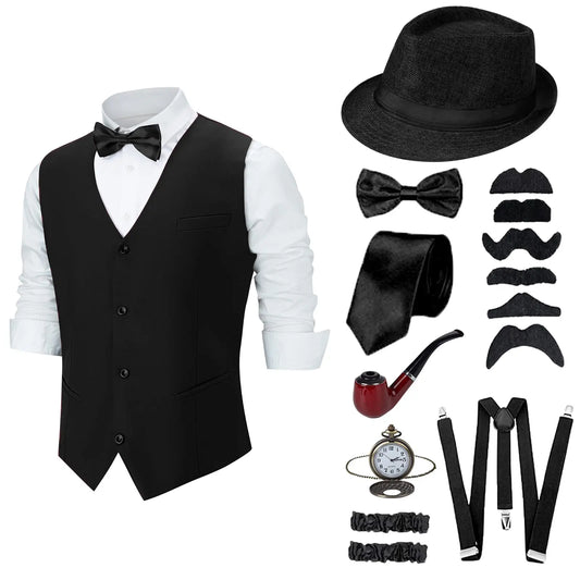 1920s Men's Gangster Costume Set with Vest Hat Suspenders Bow Tie and Accessories Roaring 20s Outfit