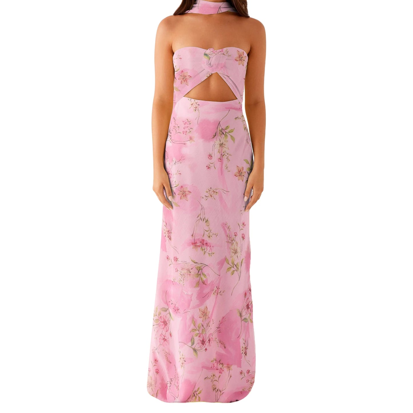 Womens Floral Bandeau Maxi Dress With Cutout And Scarf