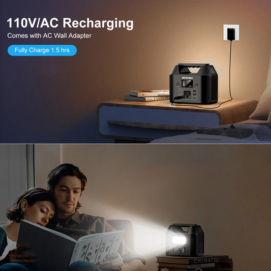150W Portable Power Station 122.8Wh LiFePO4 Battery Solar Generator Power Bank with AC 110V and LED Flashlight for Camping Home and RV