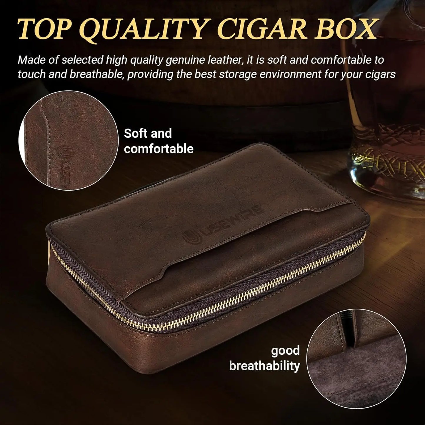 Leather Portable Travel Cigar Humidor Case with Lighter and Cutter Holds 5 Cigars Cigar Accessories for Men No Butane