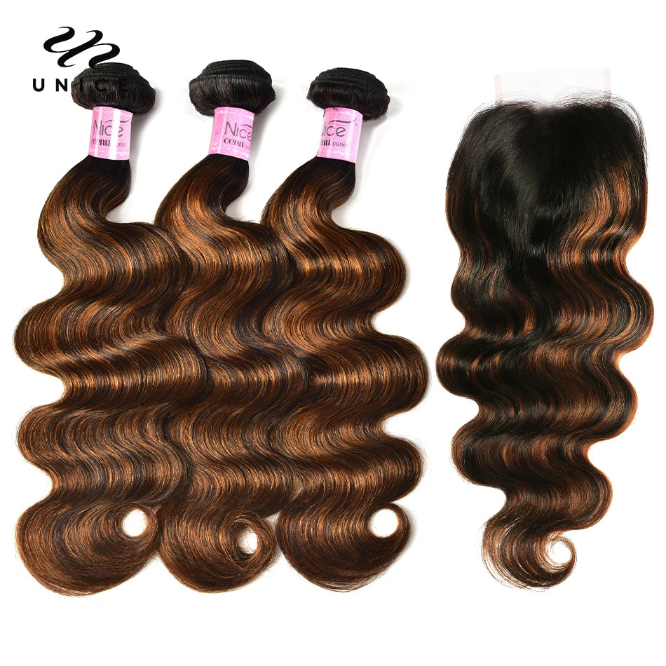 Unice Hair Balayage Body Wave Human Hair Bundles 3 Pieces With 4x4 Lace Closure 250 Density Highlight Bundles