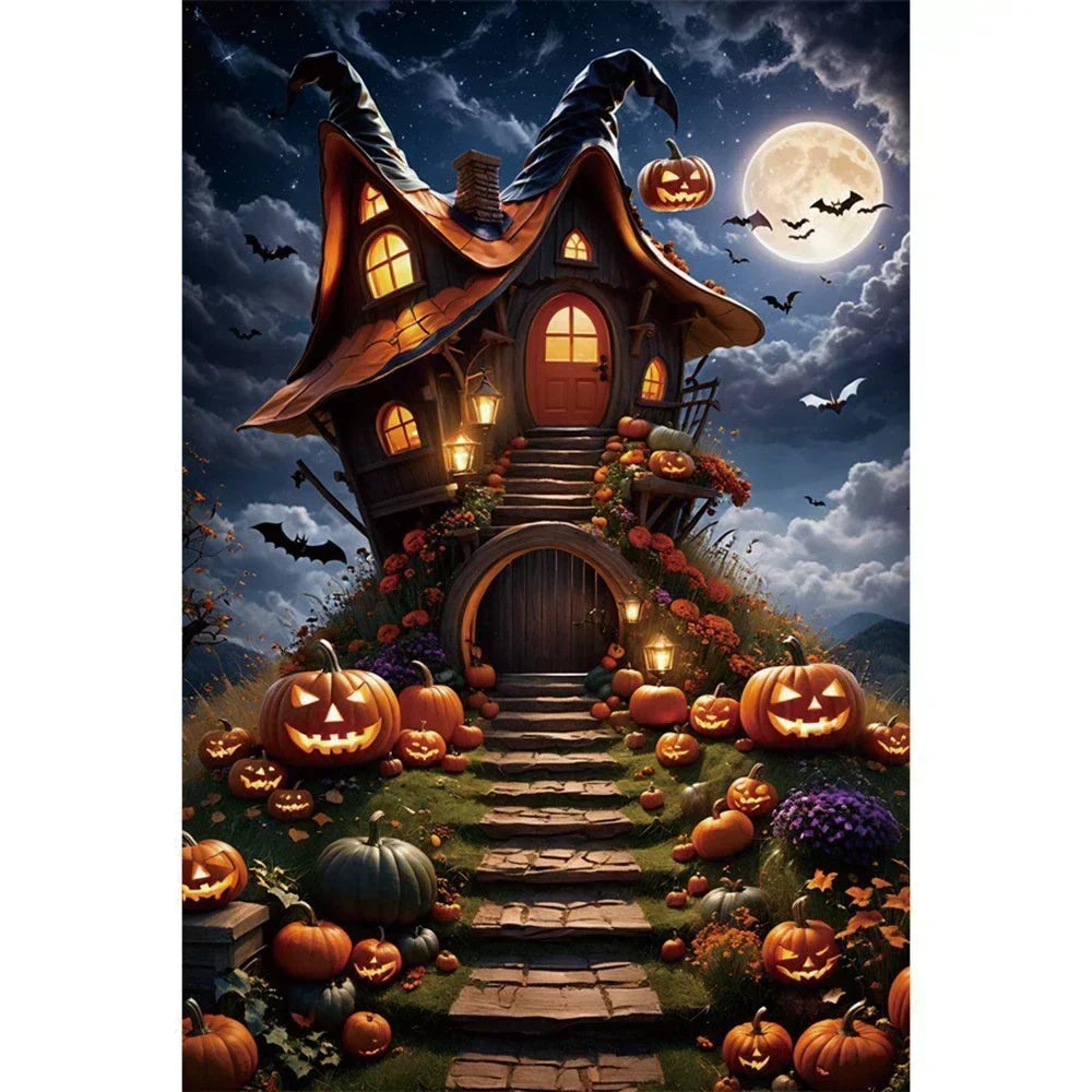 Halloween Party Backdrop Full Moon Horror Night Castle Pumpkin Outdoor House Party Decoration Banner Photography Background