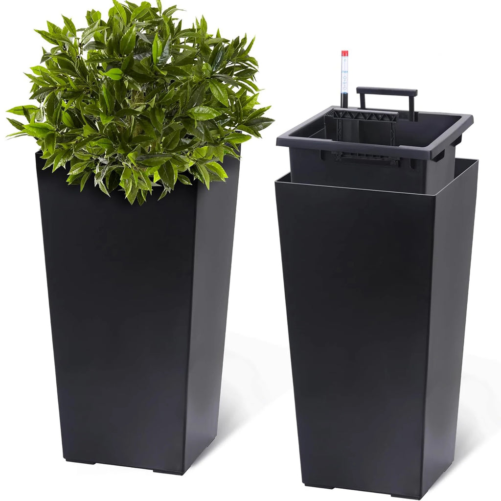 Two Pack 22.4 Inch Tall Black Taper Planters Indoor Outdoor Shelf Insert