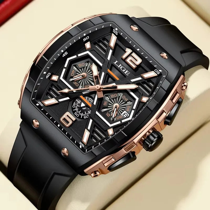 LIGE Men Waterproof Quartz Watch Silicone Band Luminous Dial 50mm Case