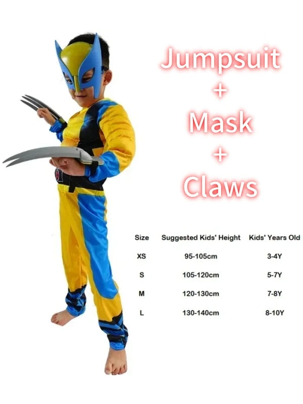 Wolverine Cosplay Costume Kids Wolf Black Superhero Panther Claws Mask Jumpsuit Halloween Bodysuit Muscle Suit for Child Gift
