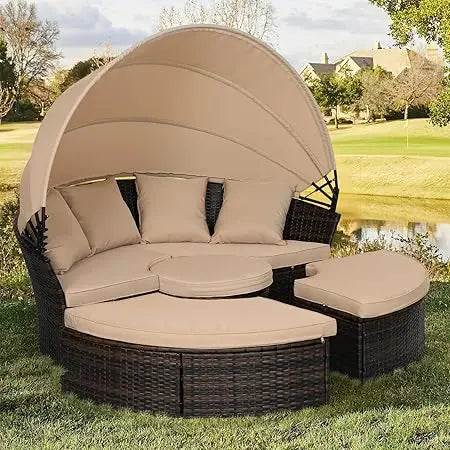 DAFIFY Outdoor Daybed Set With Retractable Canopy Wicker Rattan 5 Pieces