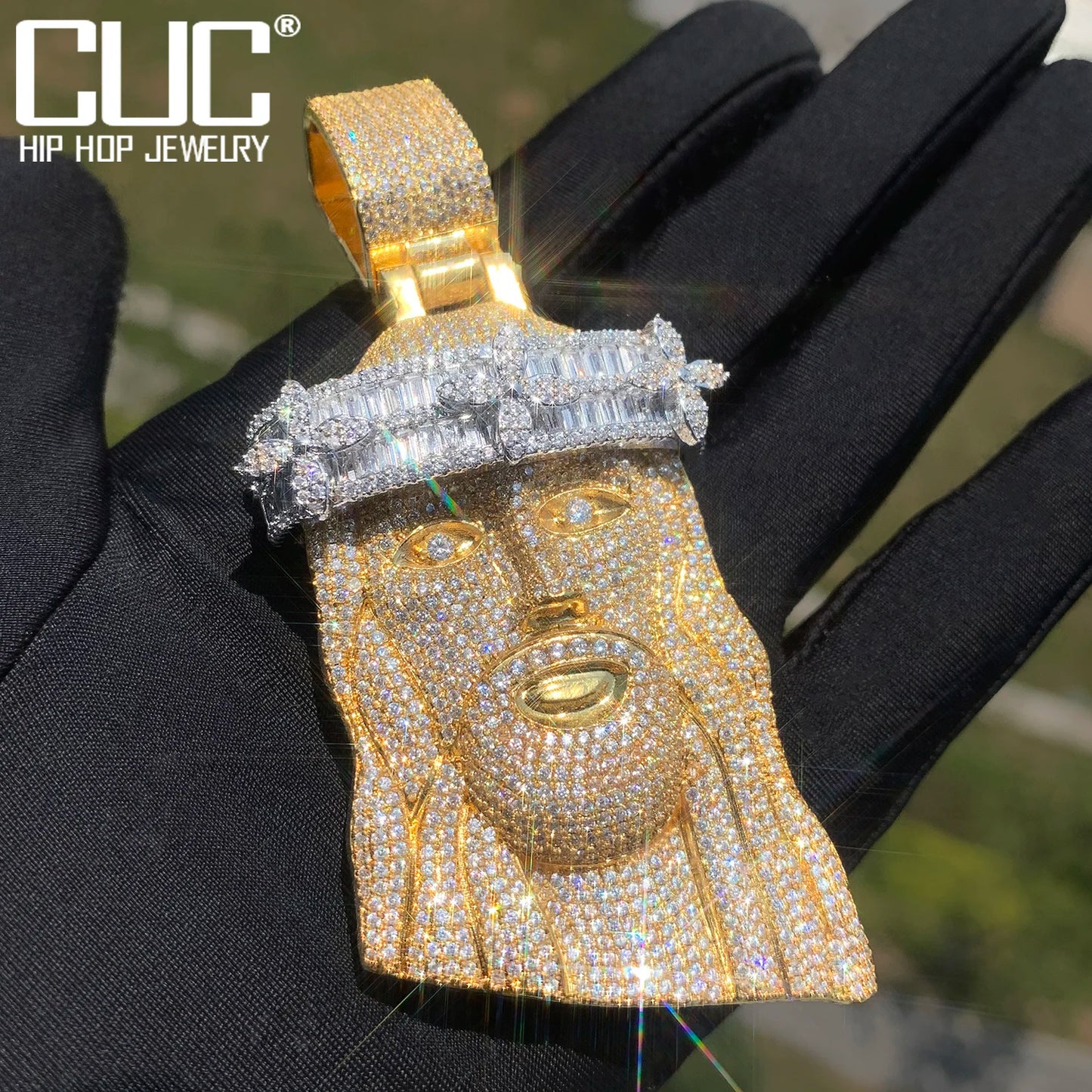 CUC Baguette Zircon Jesus Head Pendant HipHop Necklace Chain