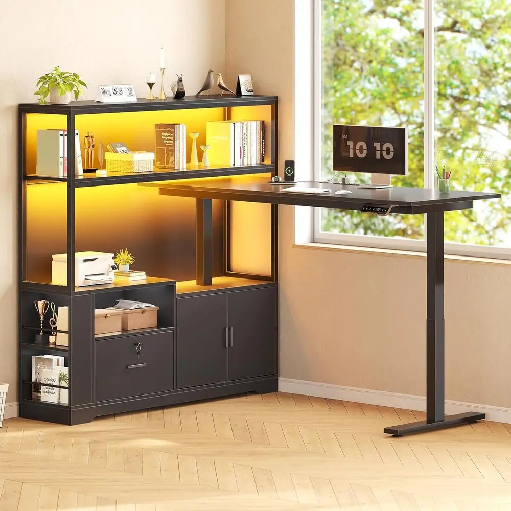 Corner L Shaped Standing Desk With Drawers Hutch LED Lights Power Outlets