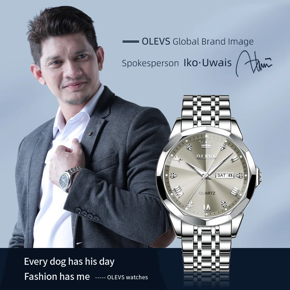 OLEVS Men's Casual Stainless Steel Quartz Watch Waterproof Luminous Date Week