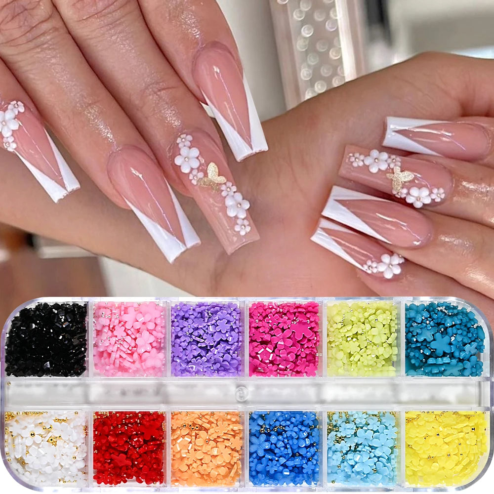 12Grids Colorful Acrylic Flower Nail Charms 1000 Mini Resin