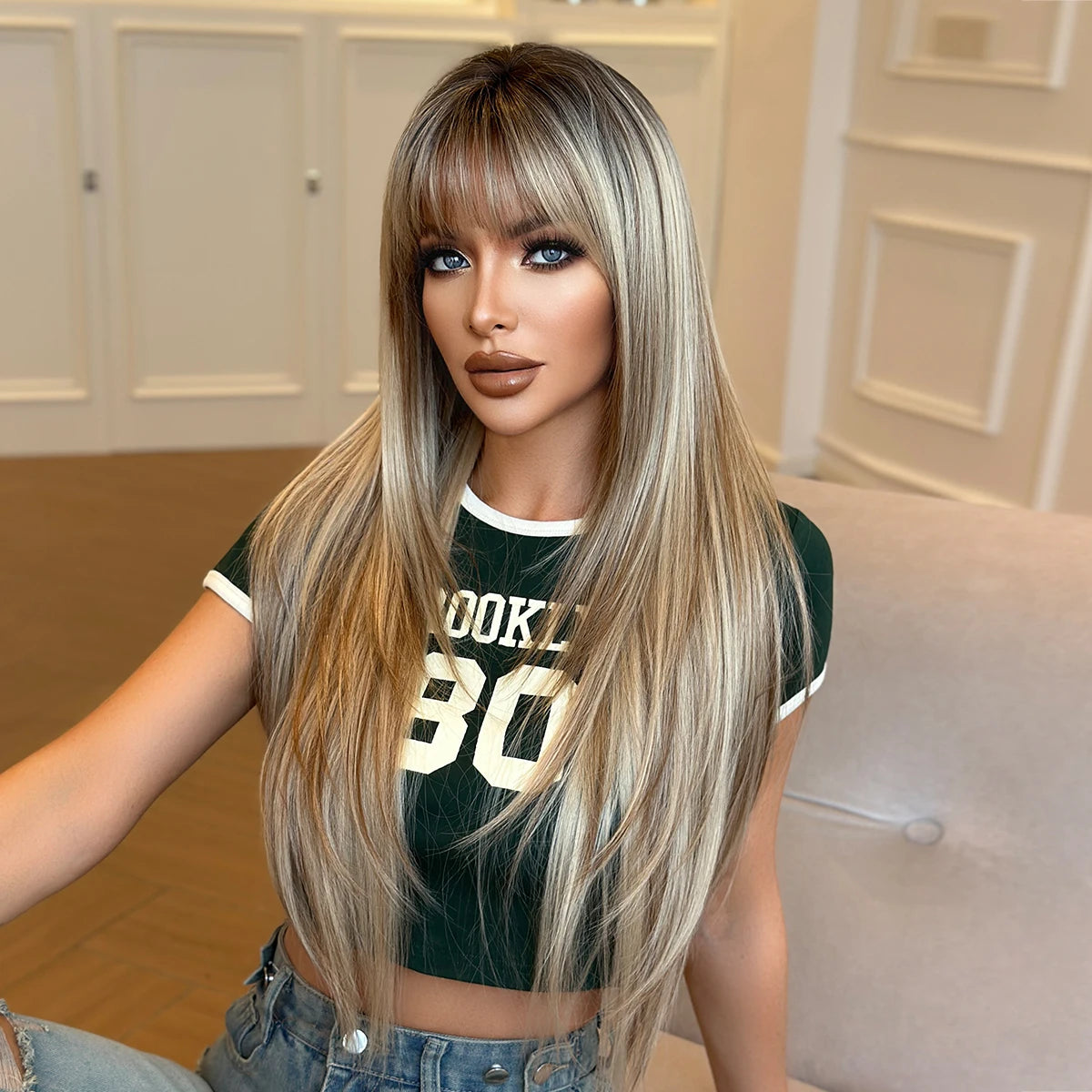 Long Straight Blonde Wig 150 Density Average Cap Size Dark Roots Heat Resistant