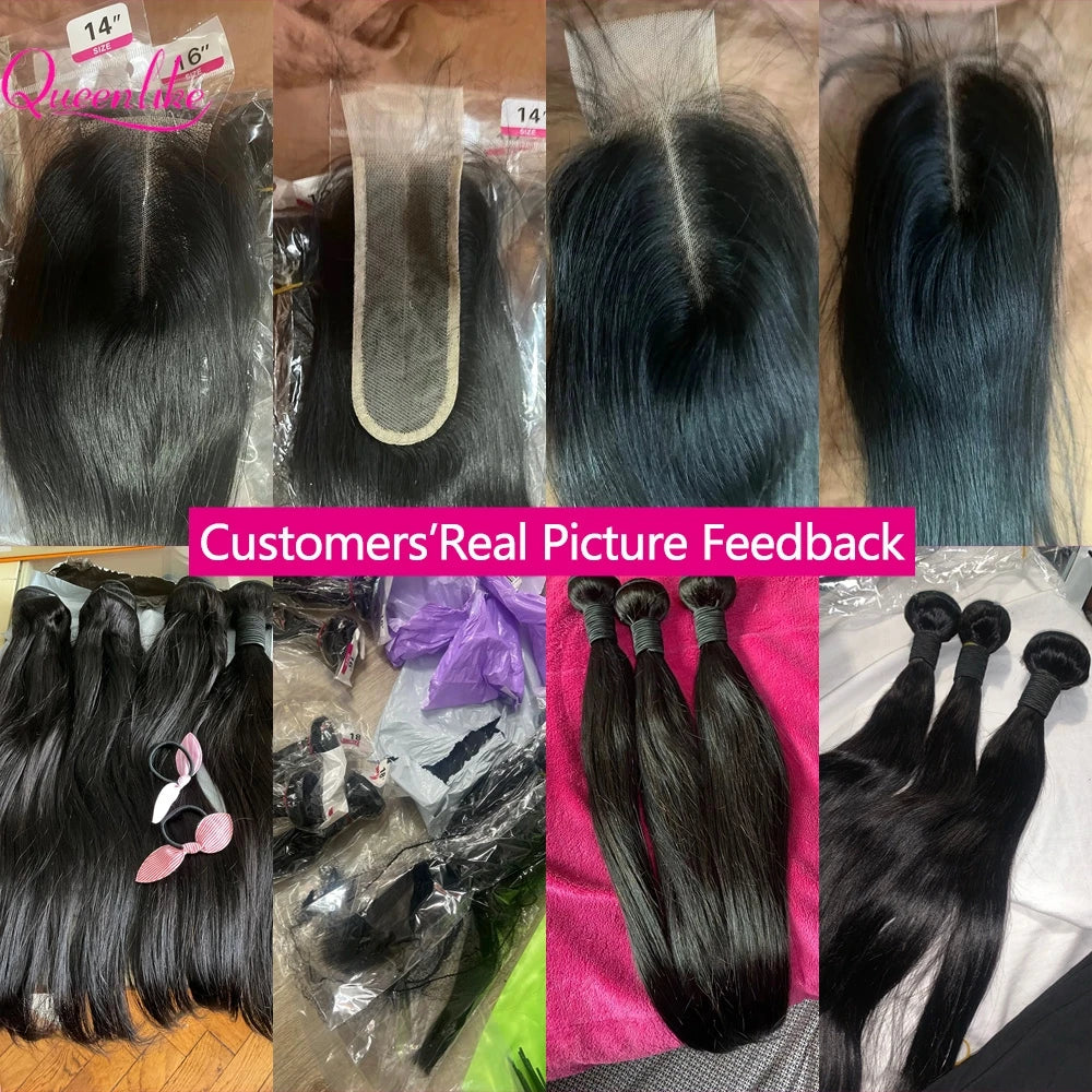Queenlike Straight Human Hair Bundles With 2x6 Deep Middle Part HD Lace Closure Natural Color Brazilian 12A Raw Hair