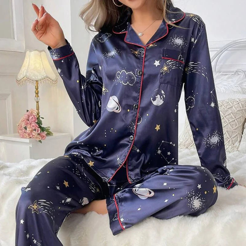 Women Satin Pajama Set Long Sleeve Button Up Nightwear Loungewear