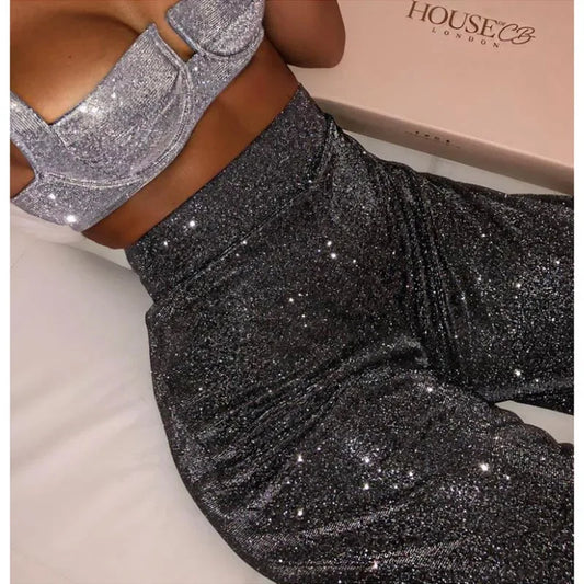 Sexy Women High Waist Slim Wide Leg Pants Diamond Flare Y2K
