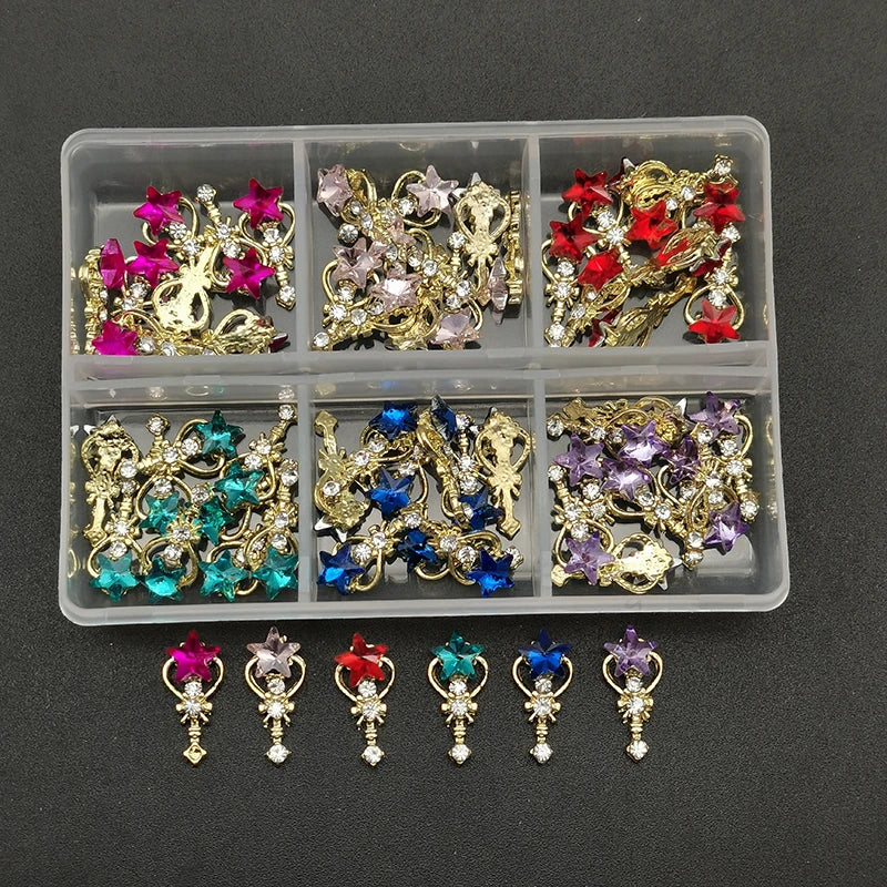 60pcs/Box Nail Rhinestones Cherry/Planet/Heart Nail Charms Jewelry Parts Gems Crystal DIY Nail Art Decorations Accessories Stone