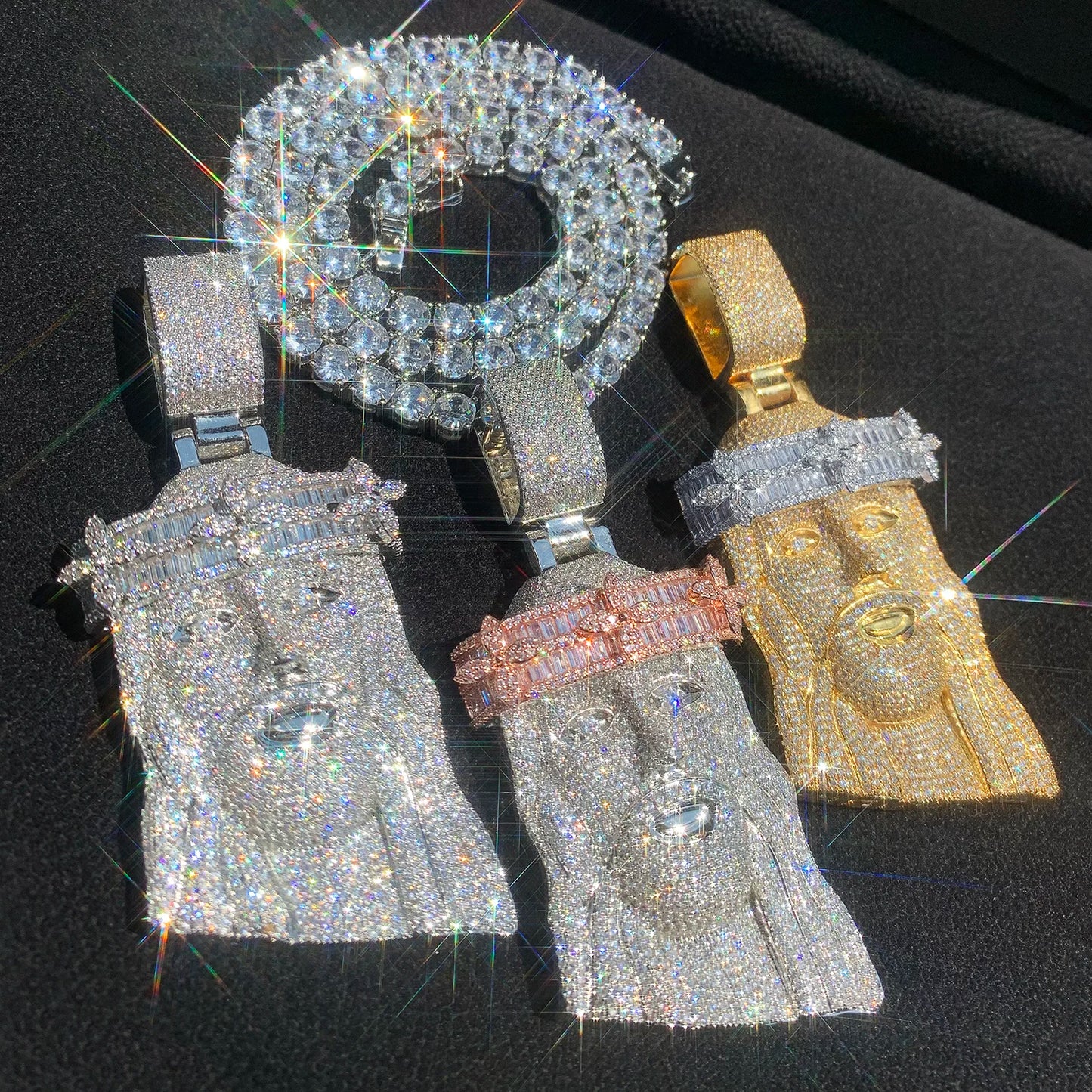 CUC Baguette Zircon Jesus Head Pendant HipHop Necklace Chain