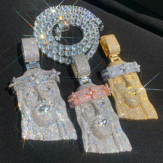 CUC Baguette Zircon Jesus Head Pendant HipHop Necklace Chain