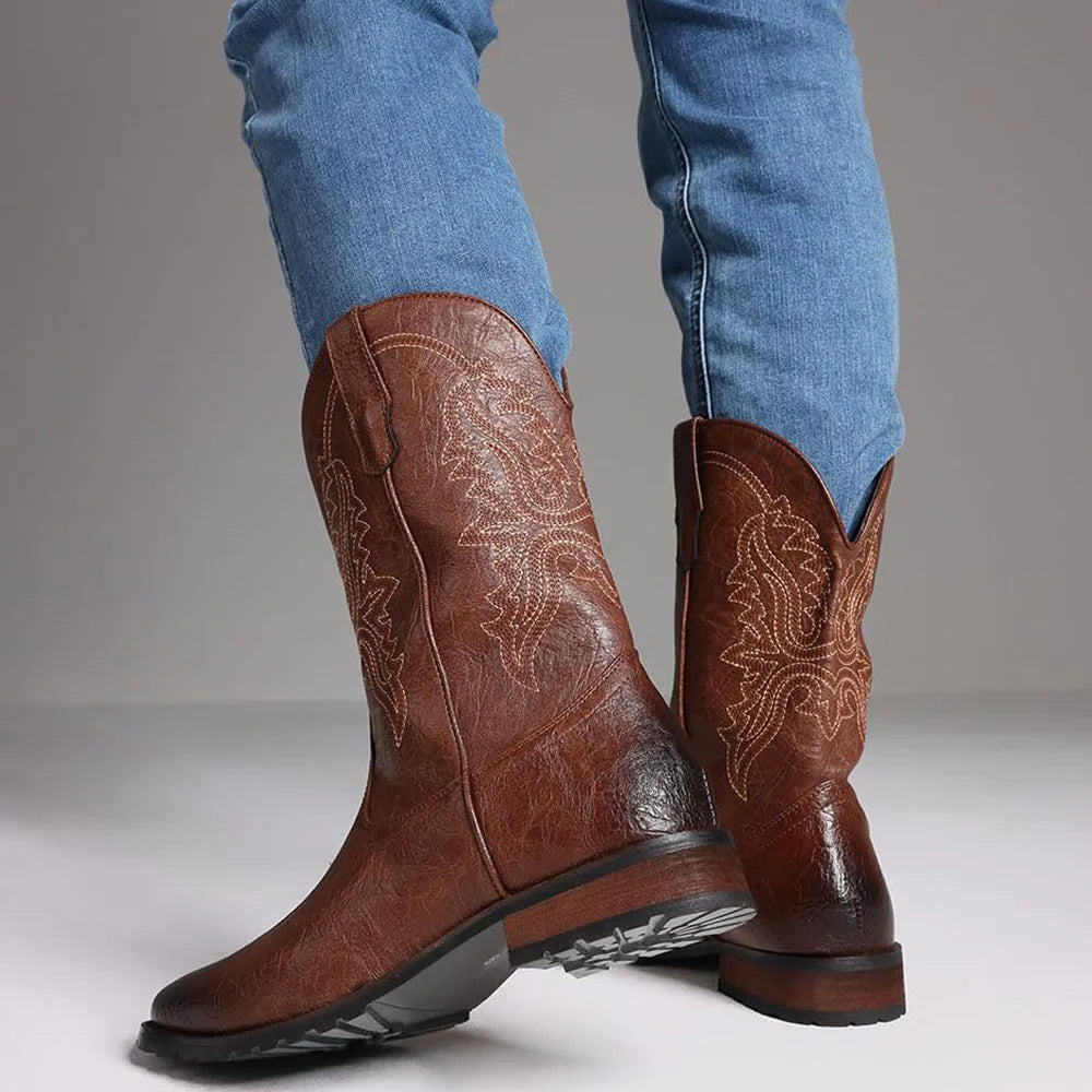 DoraTasia Plus Size 12.5 Retro Square Toe Western Boots Embroidered Pull On