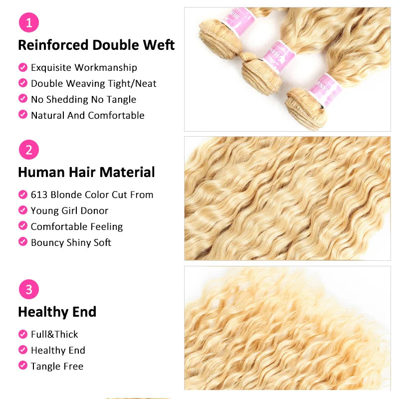 613 Honey Blonde Brazilian Remy Human Hair Weave Bundles Deep Wave Double Weft 8 To 30 Inch