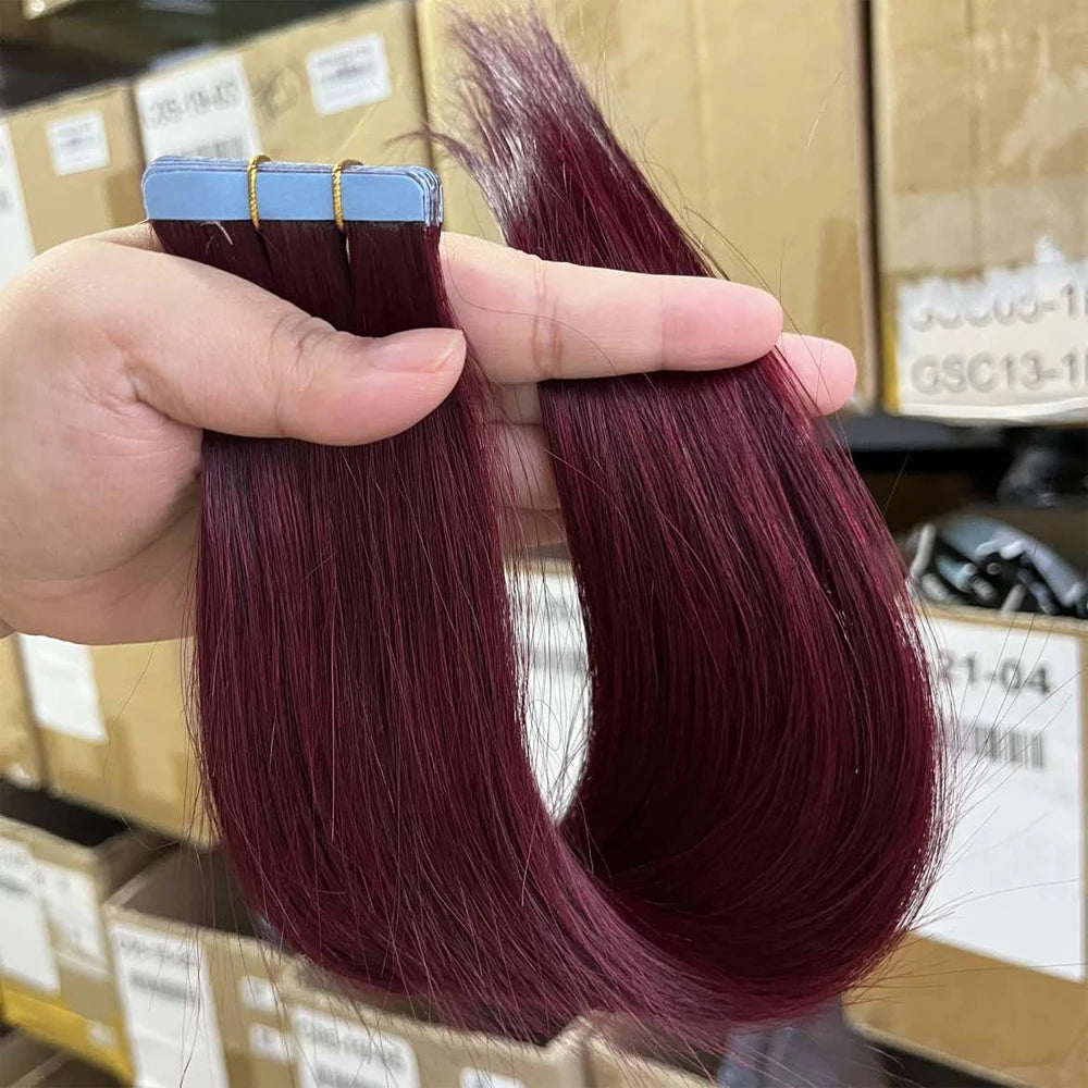 99J Invisible Tape in Human Hair Extensions Burgundy Straight Hair for Women