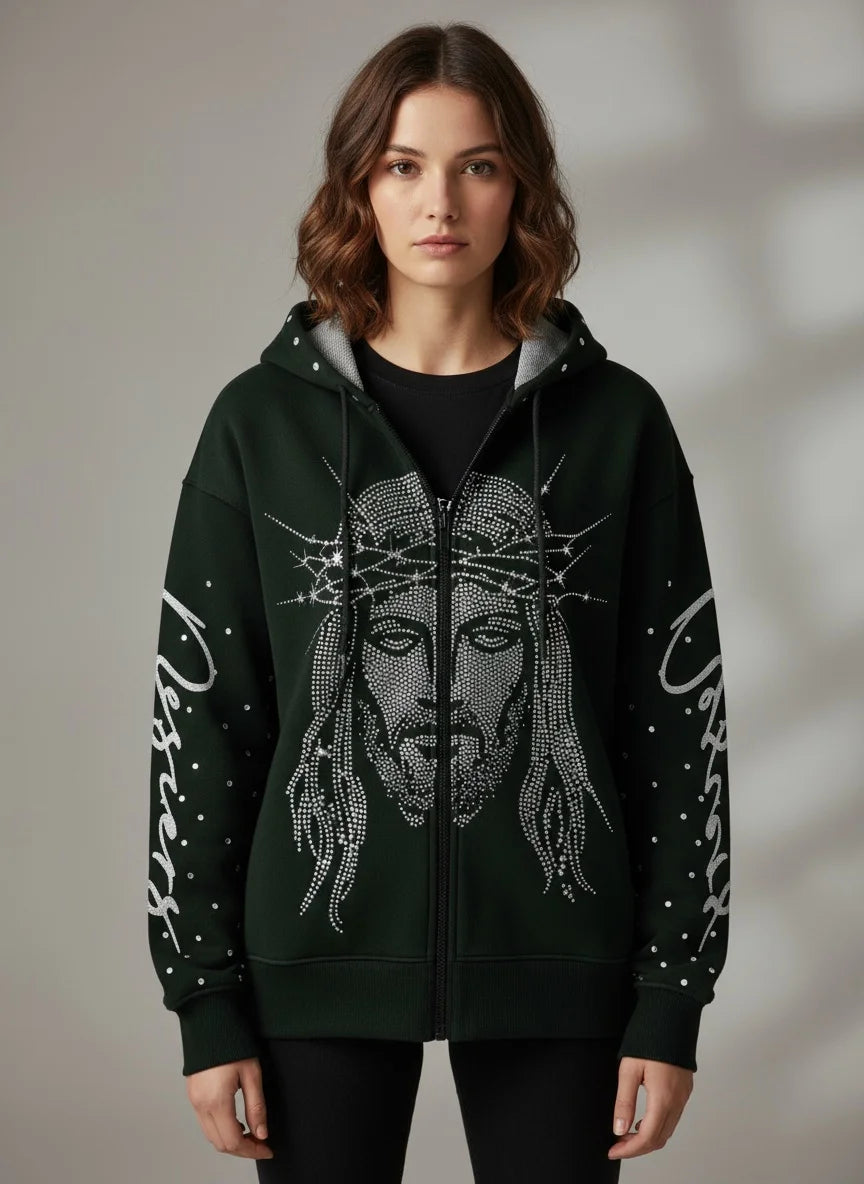 Loose Hoodie With 3D Diamond Pattern Mens Zip Up Street Style Polyester Casual