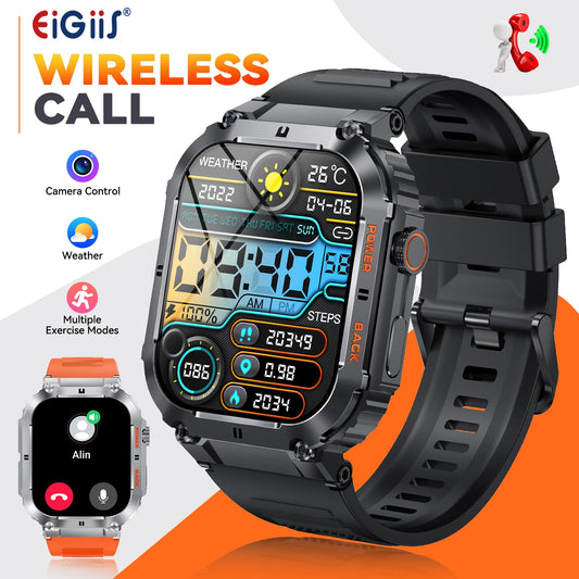 EIGIIS Military Smart Watch For Men Bluetooth Call 1.96 Inch HD Screen Fitness Tracker Heart Rate Blood Pressure IP68 Waterproof