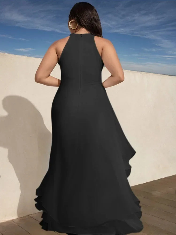 Modigirl Black Maxi Dress Women Party Sleeveless Ruffle Trim